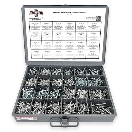 Boltsandnuts.Com Aluminum and Steel Multi-Grip, Closed-End, & Oversized Head Rivets Assortment - 1116PCS Assortment Kit #304